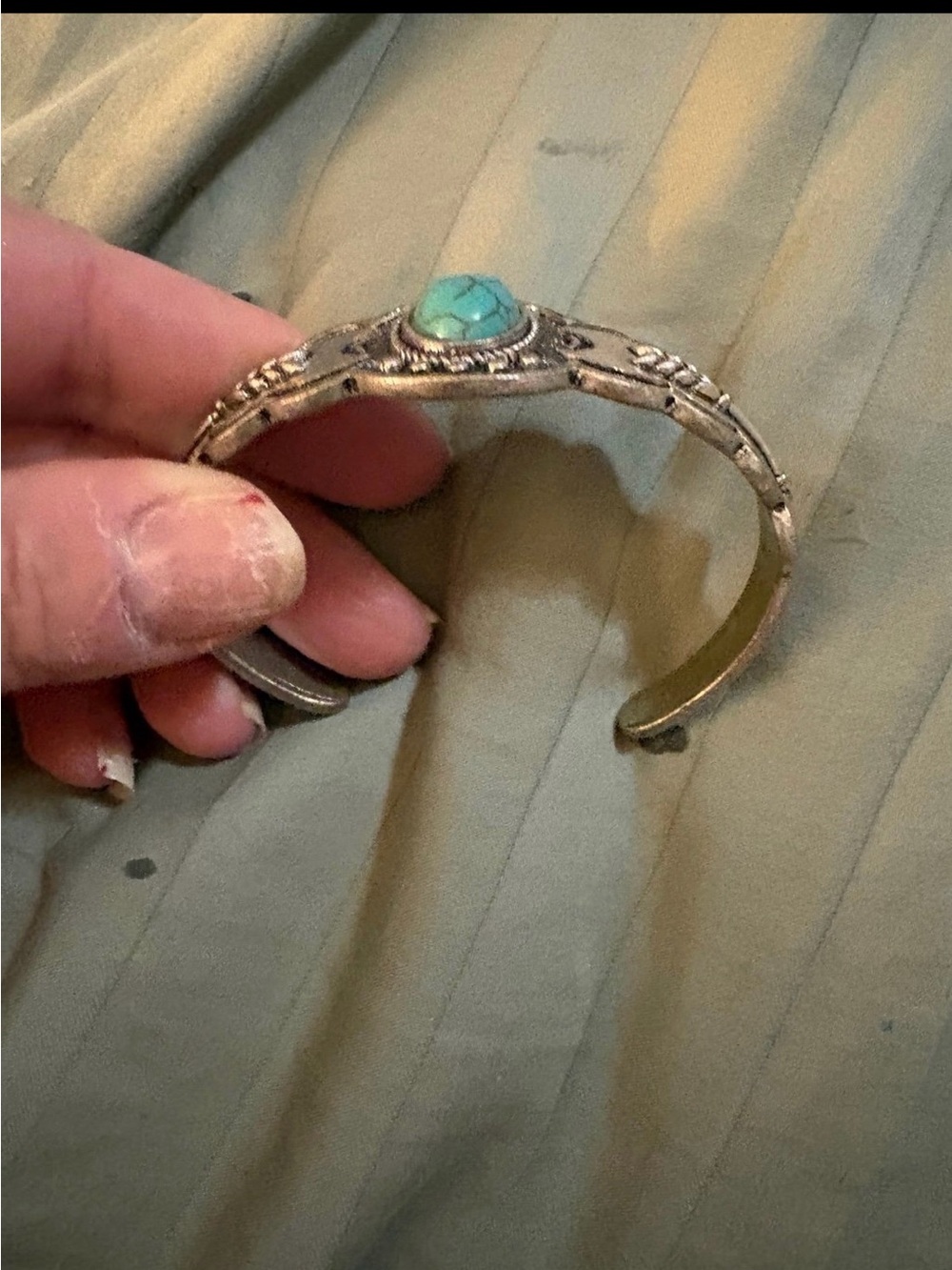 Turquoise Stone Silver-Tone Cuff Bracelet - Women Jewelry - Picture 2 of 2